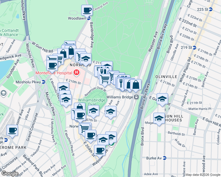 map of restaurants, bars, coffee shops, grocery stores, and more near 275c East Gun Hill Road in Bronx