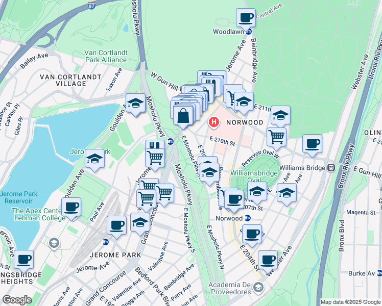map of restaurants, bars, coffee shops, grocery stores, and more near 46 East 208th Street in Bronx