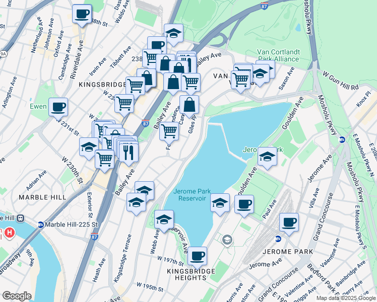 map of restaurants, bars, coffee shops, grocery stores, and more near 3343 Sedgwick Avenue in Bronx