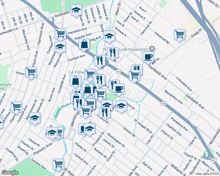 map of restaurants, bars, coffee shops, grocery stores, and more near 9 Hope Street in Lodi