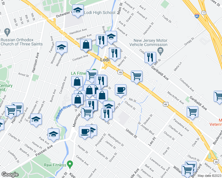 map of restaurants, bars, coffee shops, grocery stores, and more near 9 Hope Street in Lodi