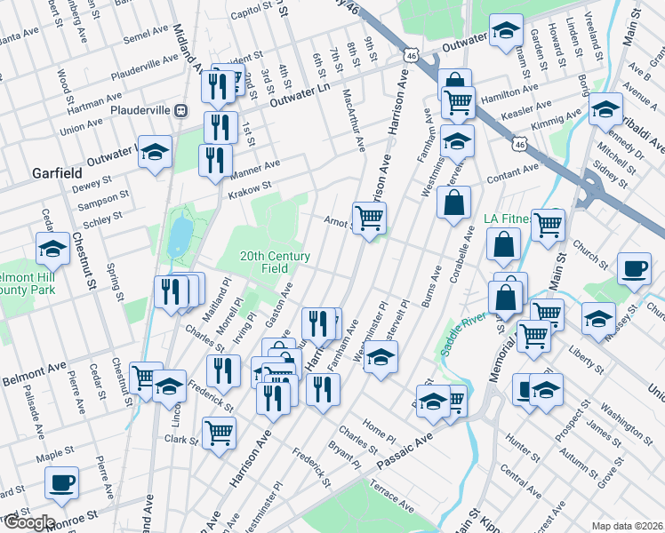 map of restaurants, bars, coffee shops, grocery stores, and more near 363 Macarthur Avenue in Garfield