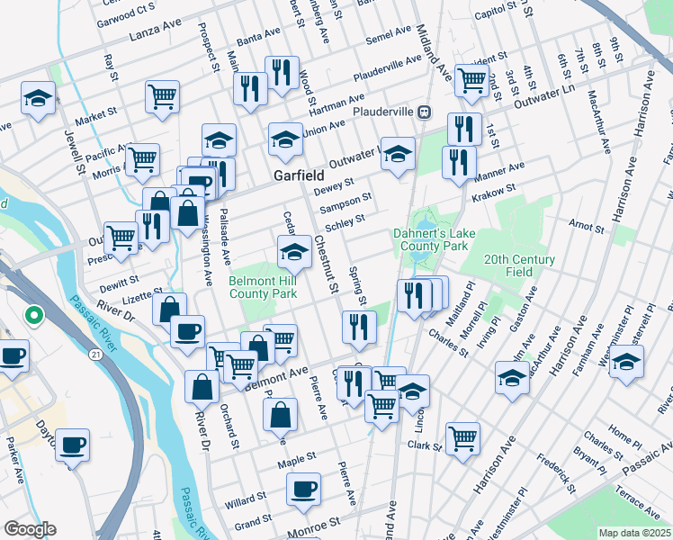 map of restaurants, bars, coffee shops, grocery stores, and more near 155 Chestnut Street in Garfield
