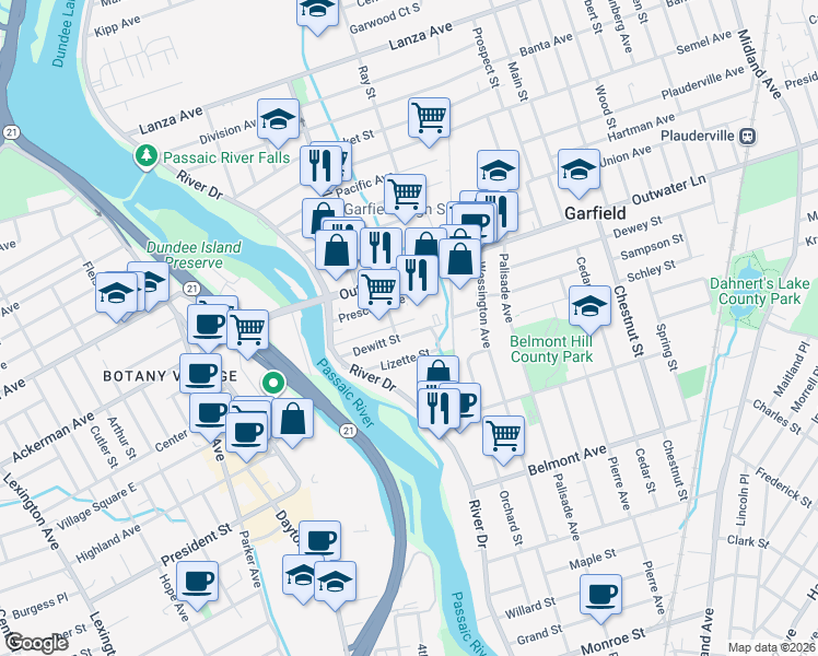 map of restaurants, bars, coffee shops, grocery stores, and more near 57 Franklin Avenue in Garfield