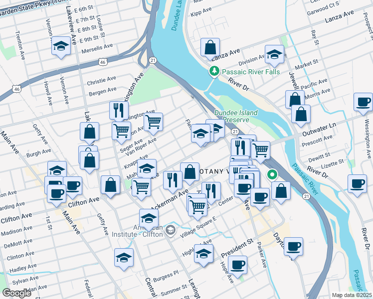 map of restaurants, bars, coffee shops, grocery stores, and more near 58 Mahar Avenue in Clifton