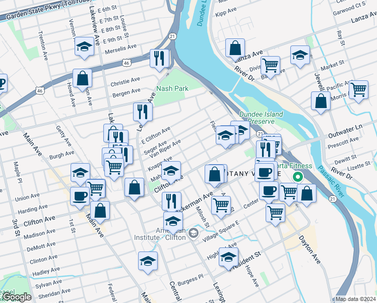 map of restaurants, bars, coffee shops, grocery stores, and more near 81 Knapp Avenue in Clifton