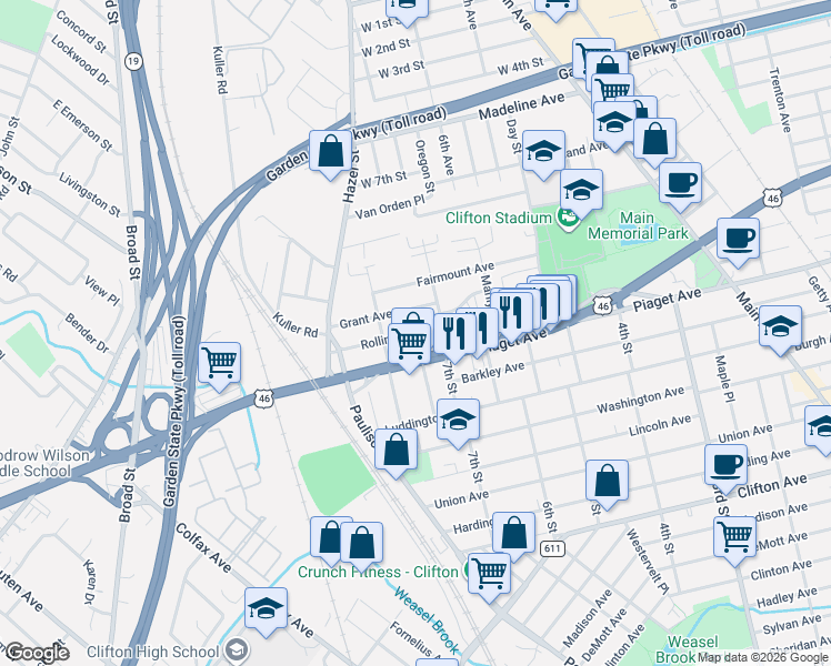 map of restaurants, bars, coffee shops, grocery stores, and more near 14 Rollins Avenue in Clifton