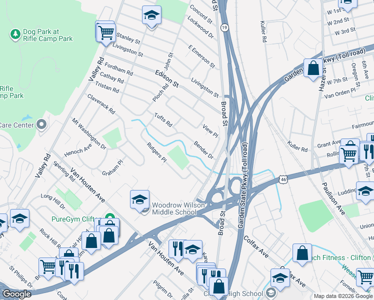 map of restaurants, bars, coffee shops, grocery stores, and more near 75 Bender Drive in Clifton
