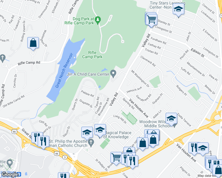 map of restaurants, bars, coffee shops, grocery stores, and more near 610 Valley Road in Clifton