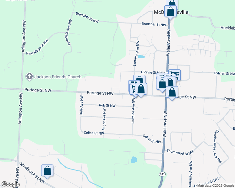 map of restaurants, bars, coffee shops, grocery stores, and more near 7354 Portage Street Northwest in Massillon