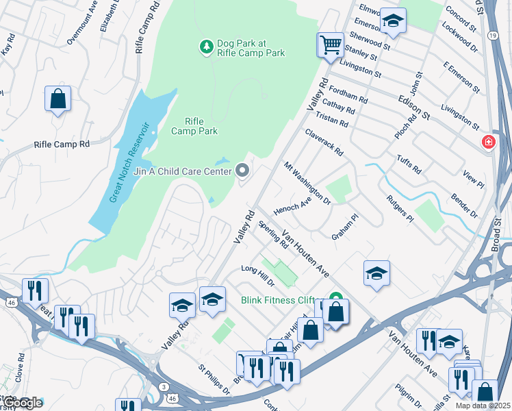 map of restaurants, bars, coffee shops, grocery stores, and more near Valley Road & Van Houten Avenue in Clifton