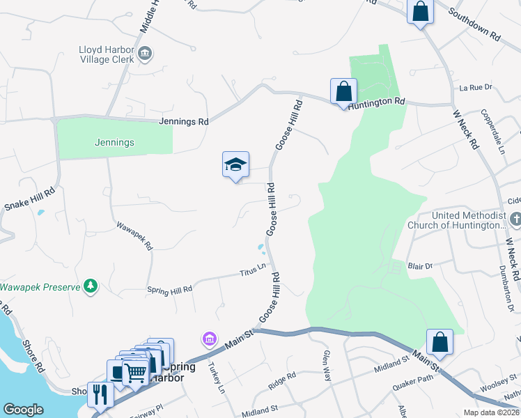map of restaurants, bars, coffee shops, grocery stores, and more near 2 Pond Field Court in Cold Spring Harbor