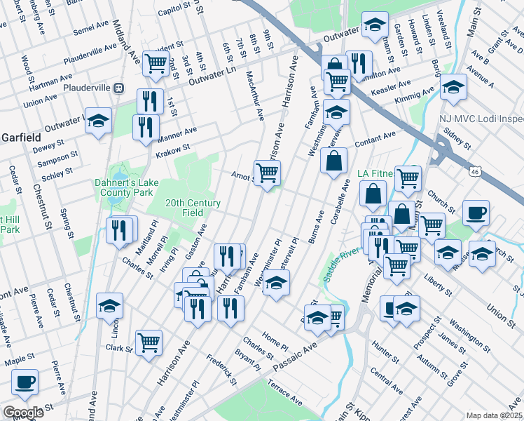 map of restaurants, bars, coffee shops, grocery stores, and more near 396 Harrison Avenue in Lodi