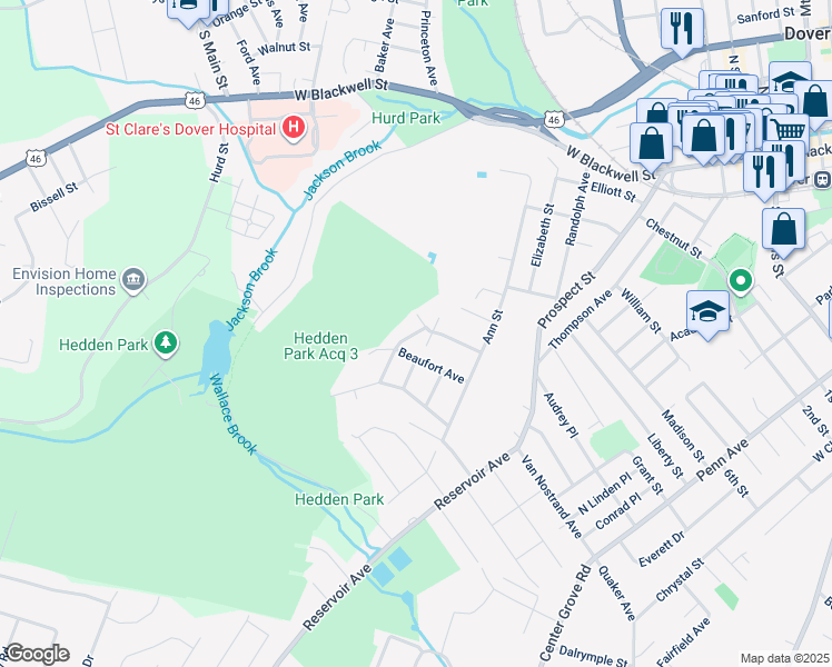 map of restaurants, bars, coffee shops, grocery stores, and more near 46 Fox Hill Drive in Dover
