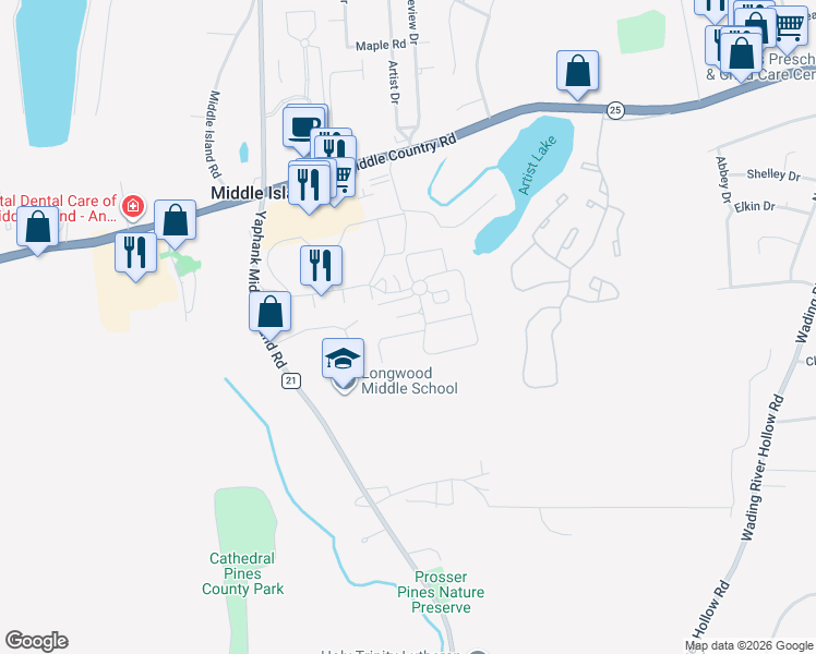 map of restaurants, bars, coffee shops, grocery stores, and more near 255 Artist Lake Drive in Middle Island