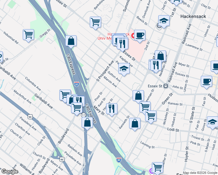 map of restaurants, bars, coffee shops, grocery stores, and more near 305 Marvin Avenue in Hackensack