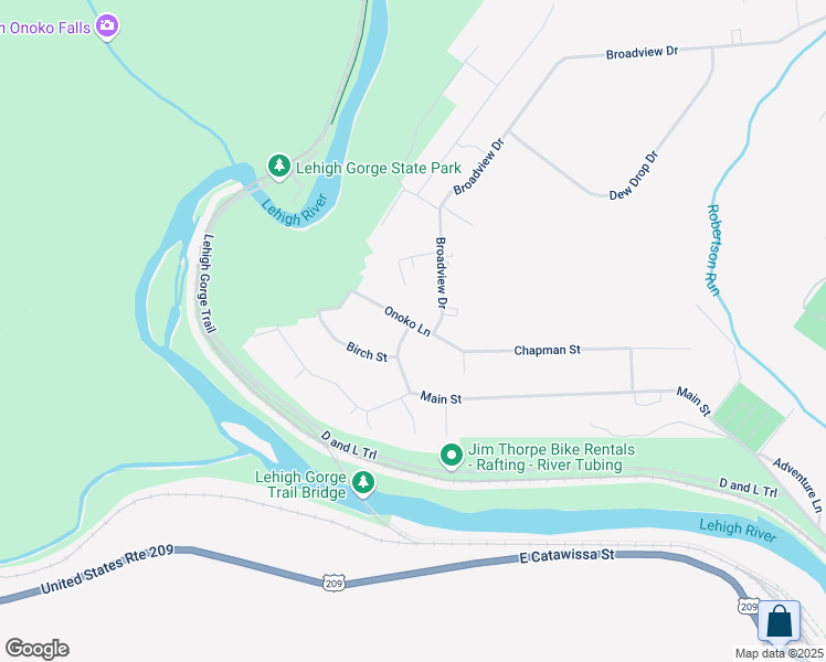 map of restaurants, bars, coffee shops, grocery stores, and more near 621 Onoko Lane in Jim Thorpe