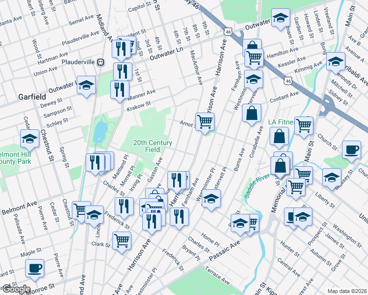 map of restaurants, bars, coffee shops, grocery stores, and more near 363 Macarthur Avenue in Garfield