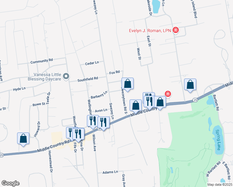 map of restaurants, bars, coffee shops, grocery stores, and more near 117 Swezey Lane in Middle Island