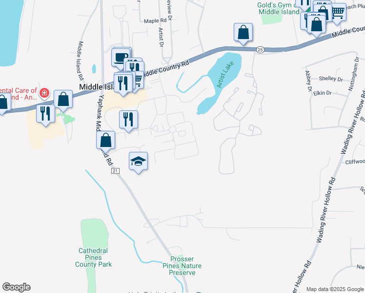 map of restaurants, bars, coffee shops, grocery stores, and more near 77 Artist Lake Drive in Middle Island