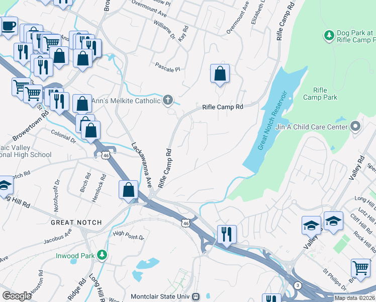 map of restaurants, bars, coffee shops, grocery stores, and more near 837 Rifle Camp Road in Woodland Park