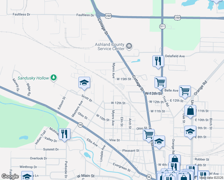 map of restaurants, bars, coffee shops, grocery stores, and more near 1300 Myers Avenue in Ashland