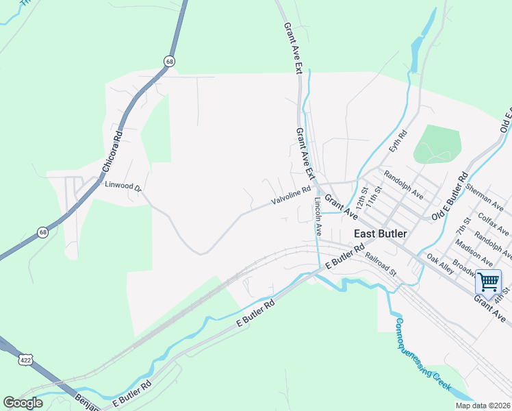 map of restaurants, bars, coffee shops, grocery stores, and more near 141 Valvoline Road in East Butler