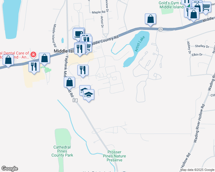 map of restaurants, bars, coffee shops, grocery stores, and more near 247 Artist Lake Drive in Middle Island