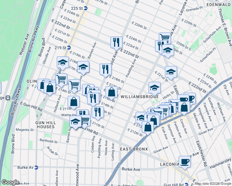 map of restaurants, bars, coffee shops, grocery stores, and more near 959 East 216th Street in The Bronx