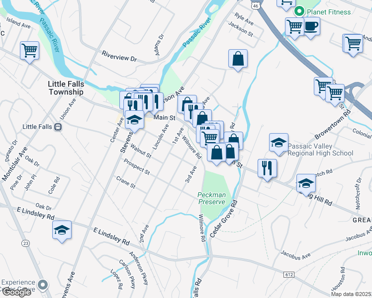 map of restaurants, bars, coffee shops, grocery stores, and more near 15 Wilmore Road in Little Falls