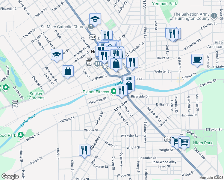 map of restaurants, bars, coffee shops, grocery stores, and more near 215 Frederick Street in Huntington