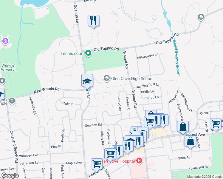 map of restaurants, bars, coffee shops, grocery stores, and more near 16 Scott Place in Glen Cove