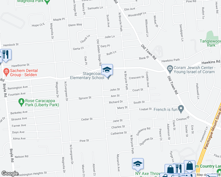 map of restaurants, bars, coffee shops, grocery stores, and more near 11 John Street in Selden