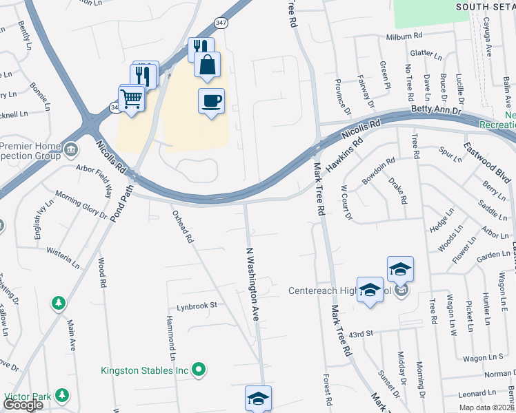 map of restaurants, bars, coffee shops, grocery stores, and more near 41 Hawkins Avenue in Setauket- East Setauket