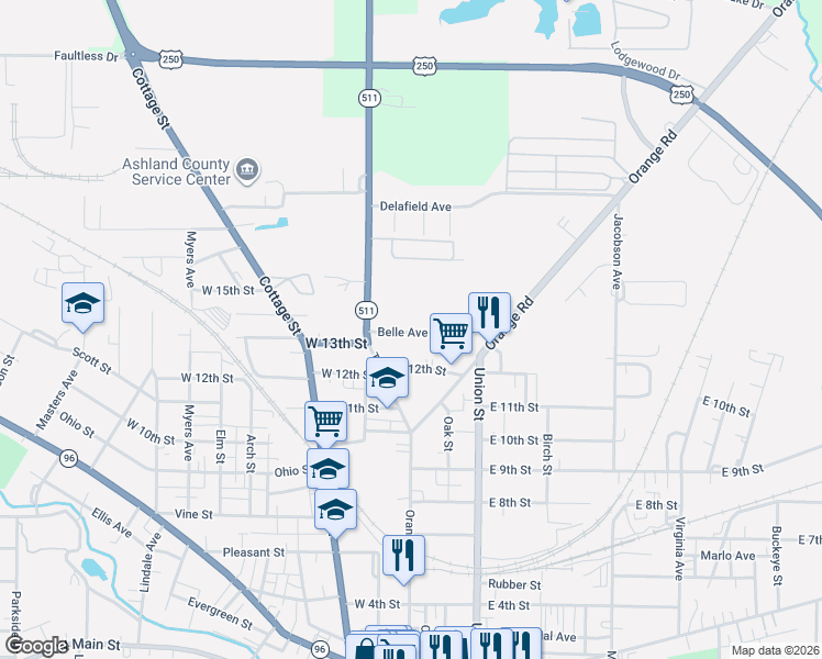 map of restaurants, bars, coffee shops, grocery stores, and more near 40 Belle Avenue in Ashland