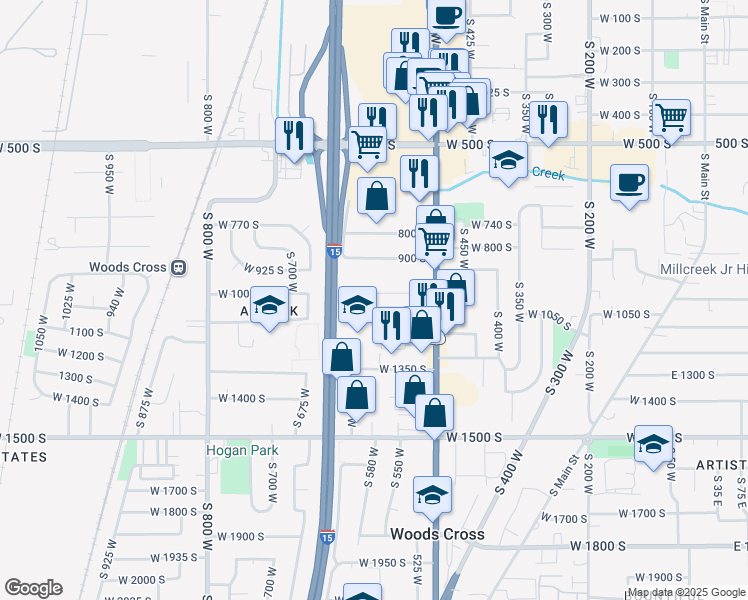 map of restaurants, bars, coffee shops, grocery stores, and more near 604 Clark Street in Woods Cross