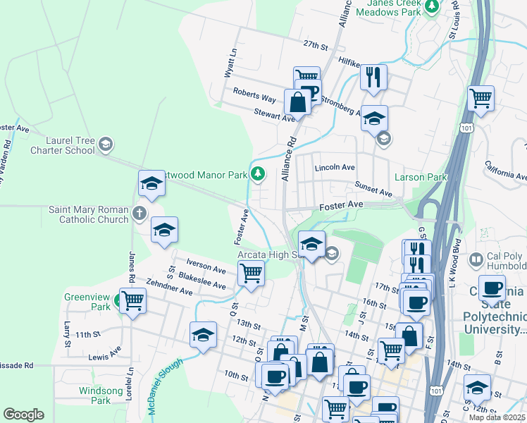 map of restaurants, bars, coffee shops, grocery stores, and more near 2105 Heather Lane in Arcata