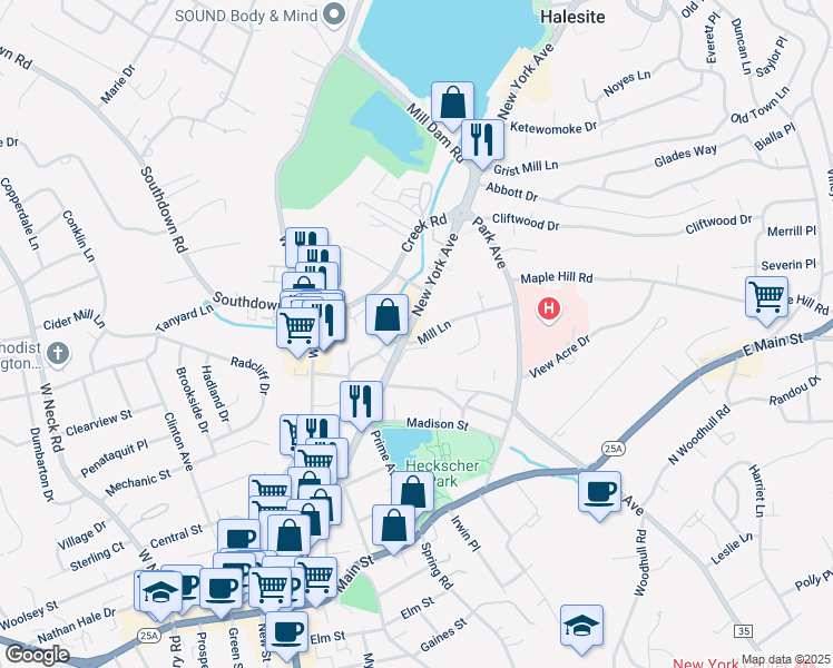 map of restaurants, bars, coffee shops, grocery stores, and more near 100 New York Avenue in Halesite