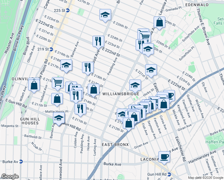 map of restaurants, bars, coffee shops, grocery stores, and more near 1031 East 217th Street in Bronx