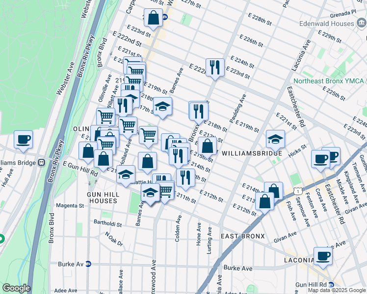 map of restaurants, bars, coffee shops, grocery stores, and more near 874 East 216th Street in Bronx
