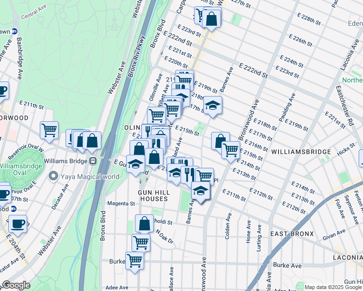 map of restaurants, bars, coffee shops, grocery stores, and more near 753 East 214th Street in Bronx