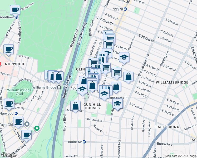 map of restaurants, bars, coffee shops, grocery stores, and more near 706 East 214th Street in Bronx