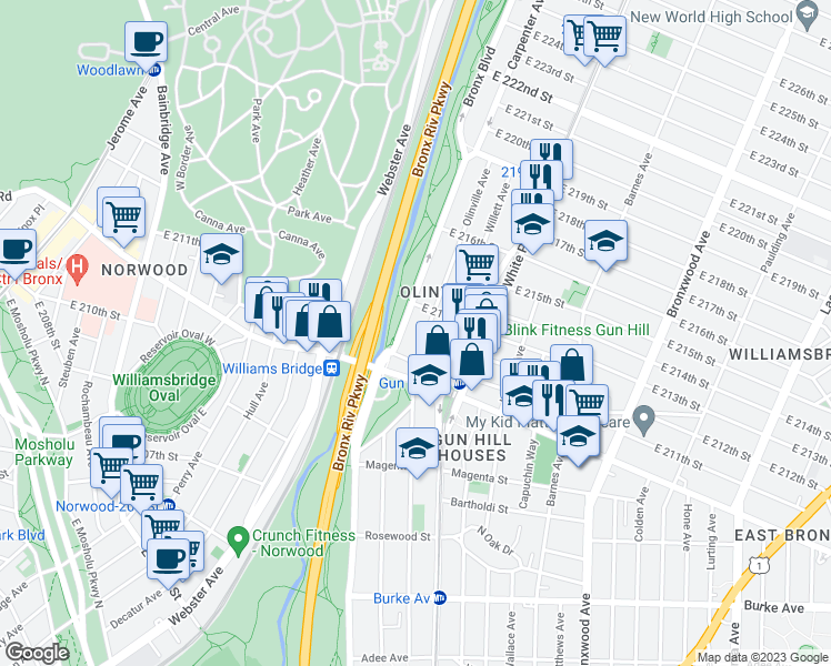 map of restaurants, bars, coffee shops, grocery stores, and more near 3559 Olinville Avenue in Bronx