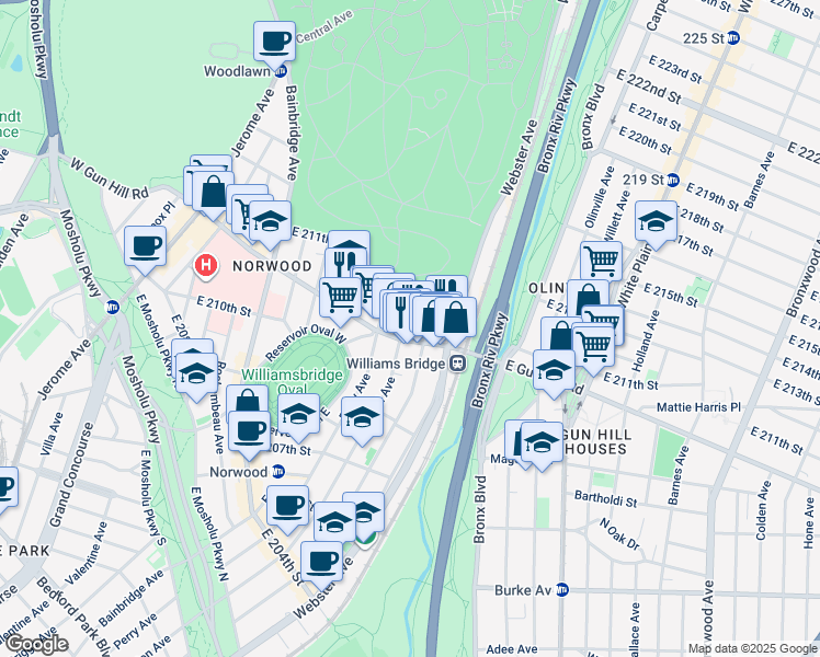 map of restaurants, bars, coffee shops, grocery stores, and more near 3511 Hull Avenue in Bronx