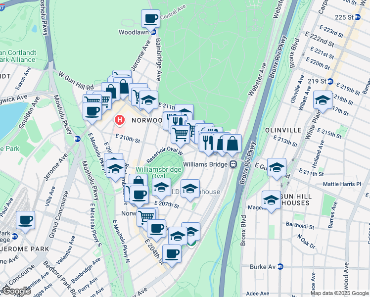 map of restaurants, bars, coffee shops, grocery stores, and more near 275c East Gun Hill Road in Bronx