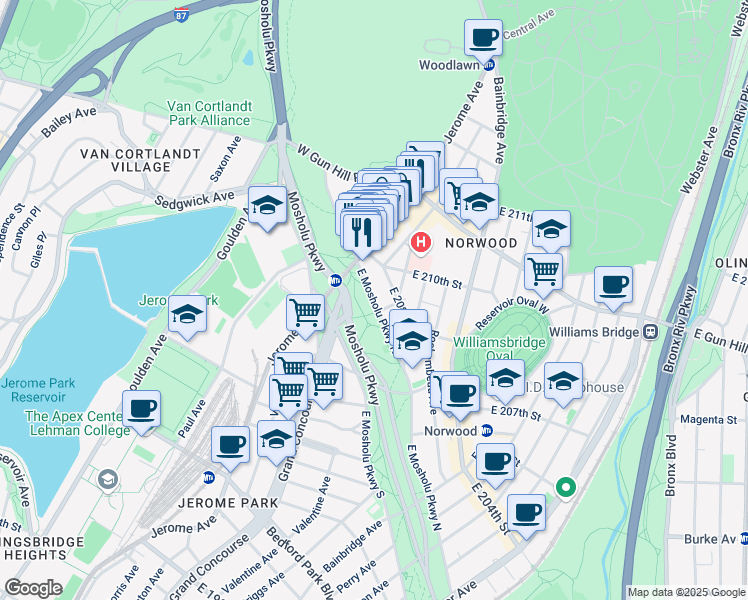 map of restaurants, bars, coffee shops, grocery stores, and more near 46 East 208th Street in Bronx