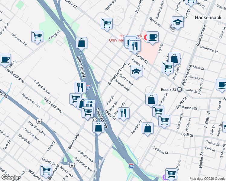 map of restaurants, bars, coffee shops, grocery stores, and more near 326 Standish Avenue in Hackensack