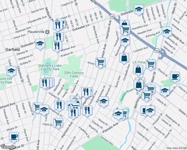 map of restaurants, bars, coffee shops, grocery stores, and more near 363 Macarthur Avenue in Garfield