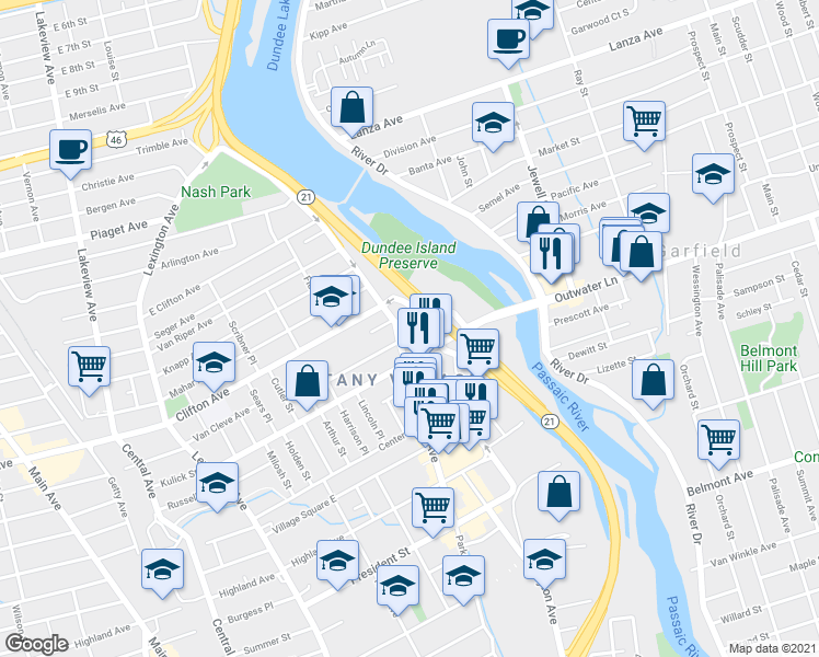 map of restaurants, bars, coffee shops, grocery stores, and more near 64 Cheever Avenue in Clifton