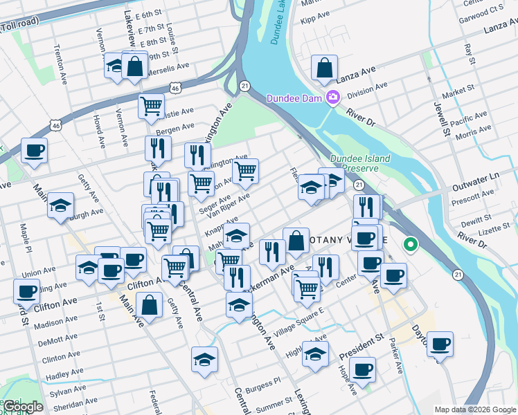 map of restaurants, bars, coffee shops, grocery stores, and more near 109 Van Riper Avenue in Clifton